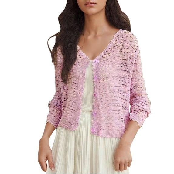 Alkepwun Cardigan for Women Crochet Knit Openwork Long-Sleeve Ruffled Button Open Front Top Lightweight Breathable Loose Casual Beach Cover-Up