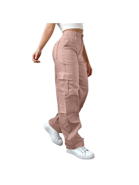 Cargo Pants Women Casual Solid Color Stretch Waist Button Belt Zipper Britche Lightweight Comfortable Breathable Multi Pocket Loose Fit Daks Outdoor Hiking Sports Cycling Workwear Trousers