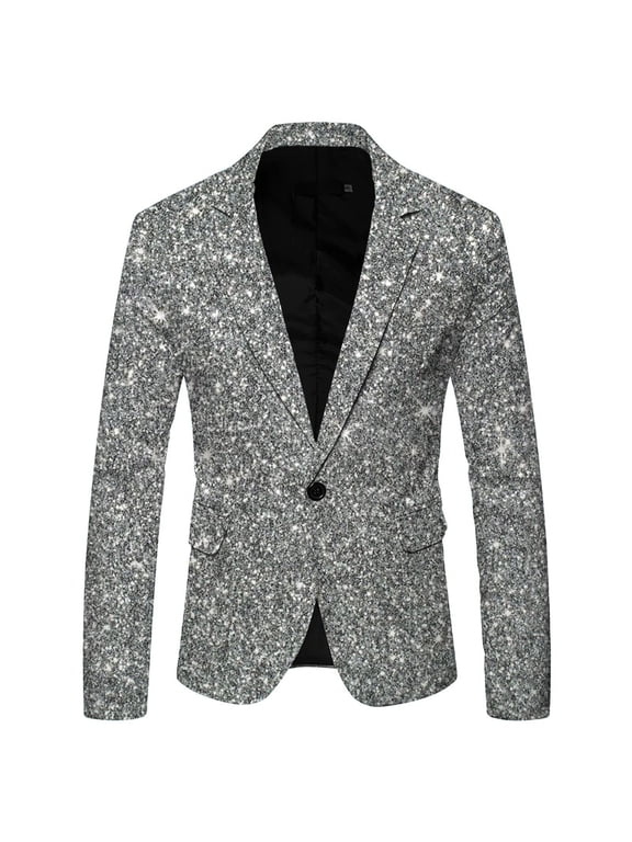 Casual Blazer for Men Sequined Lapel Single Button Jacket with Pockets Slim Fit Long Sleeve Business Casual Coat Birthday Party Carnival Dance Wedding Wear