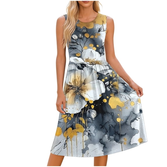Alkepwun Casual Dresses for Women Floral Print Sleeveless Round Neck Waist-Defining Pleated Aline Maxi Tank Dress Summer Lightweight Breathable Loose Beach Sundress