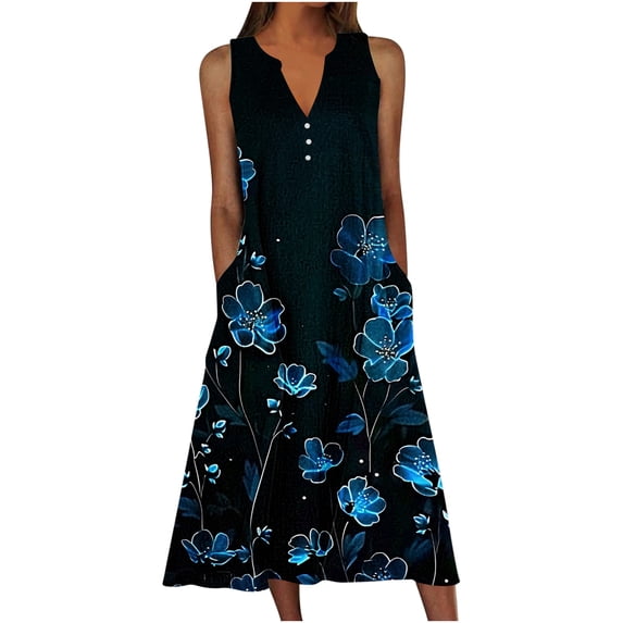 Alkepwun Casual Summer Dresses for Women Sleeveless Notch V Neck Floral Print Midi Dress Button Decor Loose A Line Tank Dress with Side Pockets Casual Summer Shift Sundress