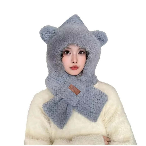 Alkepwun Cat Ear Beanie ​​Winter Scarf Earflaps Cap 2-in-1 Set Warm Cozy Fleece-Lined Integrated Winter Hat Cap Cute Animal Soft Plush Thick Hat Outdoor Activity Ski Warm Hat