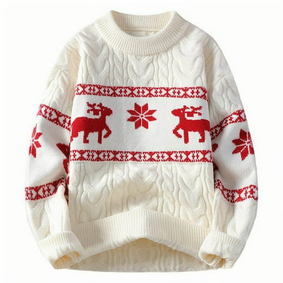 Alkepwun Christmas Sweater for Men Snowflake Reindeer Xmas Crewneck Loose Base Knitted Sweater Matching Pullover Jumper Top
