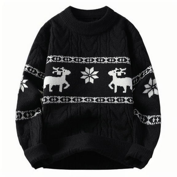 Alkepwun Christmas Sweater for Men Snowflake Reindeer Xmas Crewneck Loose Base Knitted Sweater Matching Pullover Jumper Top