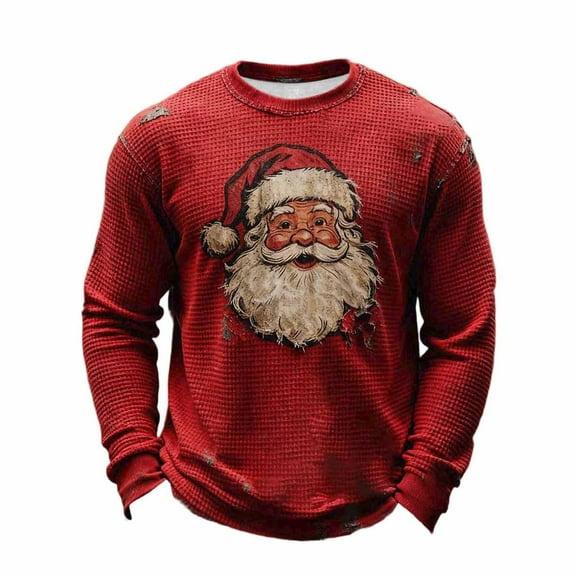 Alkepwun Christmas Sweatshirts Men's Santa Print Waffle Vintage Solid Color Crew Neck Stretch Fitness Loungewear Casual Loose Fit T-Shirt