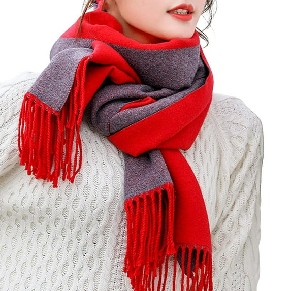 Alkepwun Chunky Scarf Fluffy Warps for Women Winter Thick Soft Shawl Double Sided Two Tone Tassel Matching Color Scarf shawl