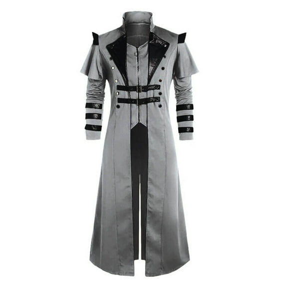Alkepwun Coats for Men Medieval Costumes Steampunk Long Trench Coat Gothic Victorian Vintage Tailcoat Jacket Mens Double Breasted Zipper Coat Hoodless Casual Renaissance Stage Performance Jacket