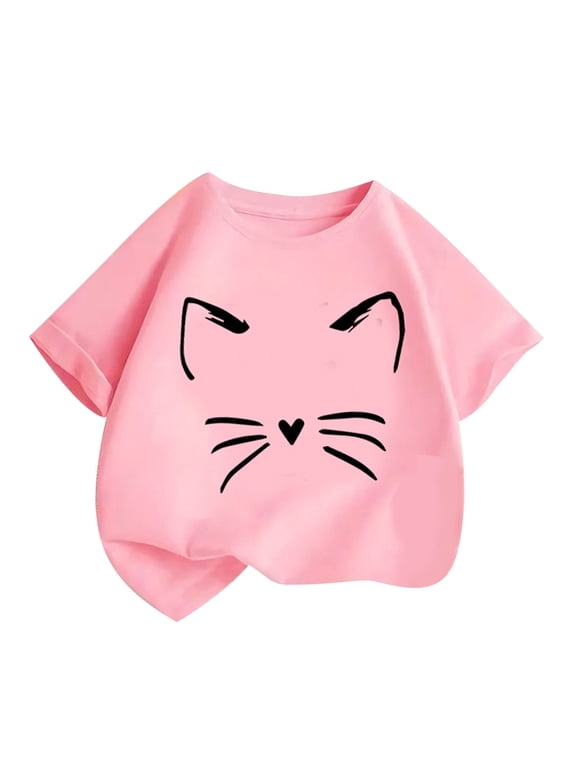 Comfort Colors T-Shirts Girls Cute Cat Graphic Short Sleeve Crewneck Tees Casual Cartoon Cotton Summer Lightweight Comfort Breathable Shirt