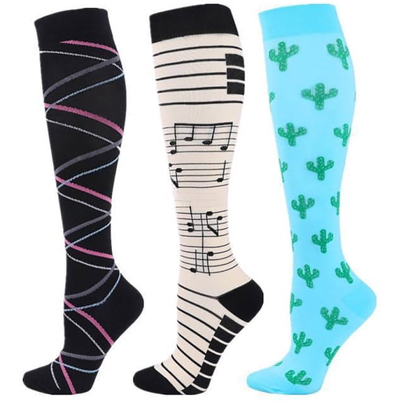 Alkepwun Compression Socks 3 Pairs Unisex Cute Prints Elastic Circulation Knee High Calf Socks Moisture-Wicking Breathable Long Tube Sock for Athletic Running Cycling Walking