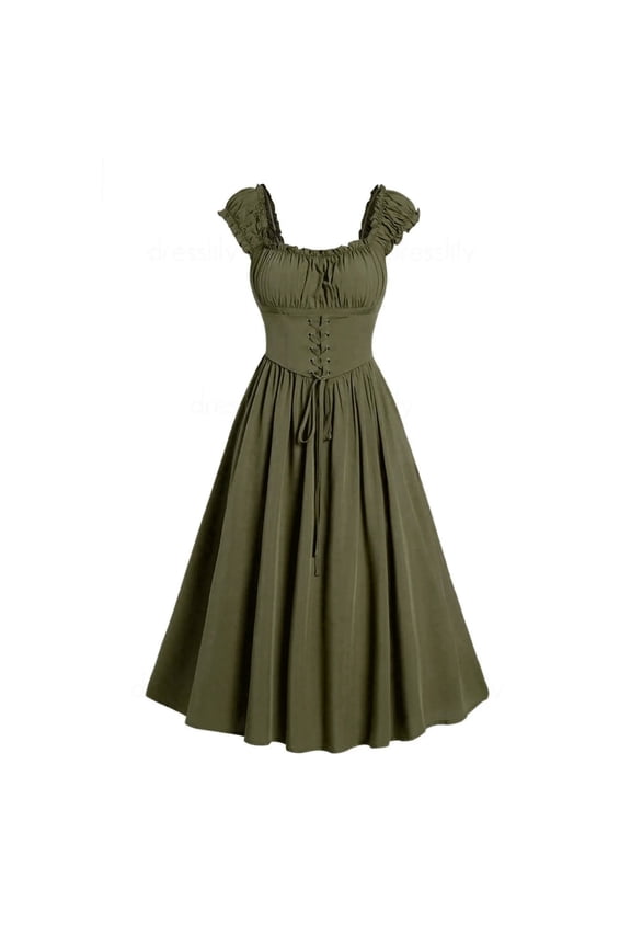 Corset Dresses for Women Renaissance Cottagecore Milkmaid Dress Gothic Sleeveless Ruffle Midi Dress