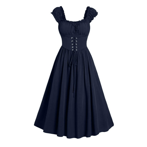 Alkepwun Corset Dresses for Women Renaissance Cottagecore Milkmaid Dress Gothic Sleeveless Ruffle Midi Dress