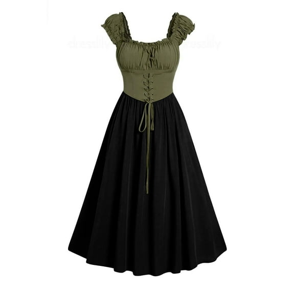 Alkepwun Corset Dresses for Women Renaissance Cottagecore Milkmaid Dress Gothic Sleeveless Ruffle Midi Dress