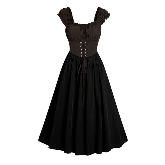 Alkepwun Corset Dresses for Women Renaissance Cottagecore Milkmaid Dress Gothic Sleeveless Ruffle Midi Dress