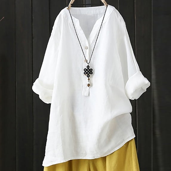 Alkepwun Cotton Linen Shirts For Women Button Up V Neck Blouse Rolled Up Long Sleeve Tops Casual Loose Long Blouses Tunics