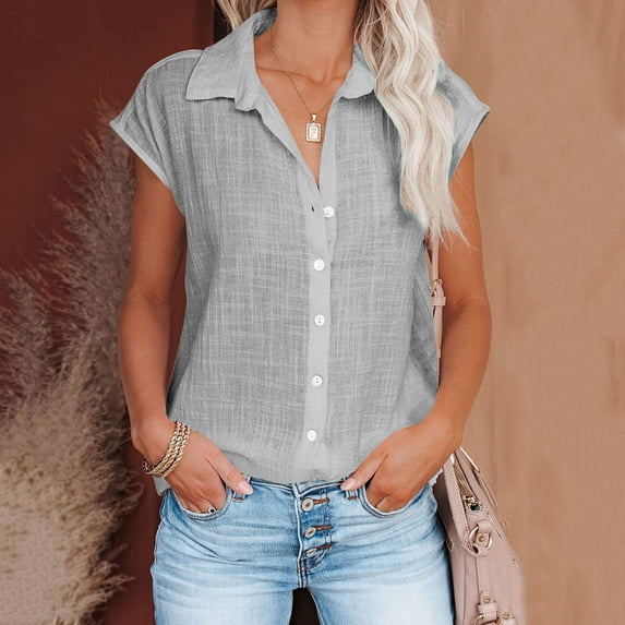 Alkepwun Cotton Linen Shirts For Women Summer Plus Size Short Sleeve Blouses Casual V Neck Collared Button Down Shirt with Pockets