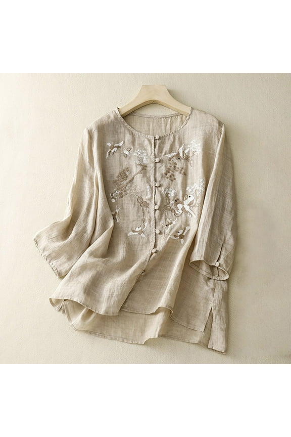Cotton Linen Shirts Women Retro Bird Flower Embroidered Tops Vintage 3/4 Sleeve Button Up Blouse Casual Loose Tunics Bohemian Shirts