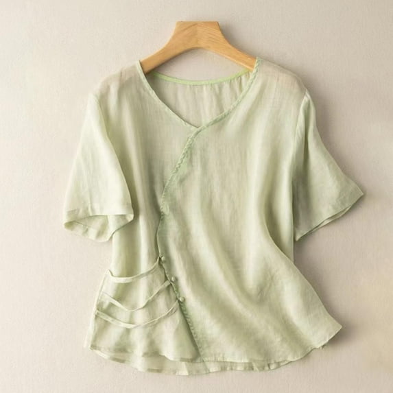 Alkepwun Cotton Linen Shirts Women's Wrap V-Neck Tops Casual Short Sleeve Blouse Loose Fit Cropped Cute Summer Tops