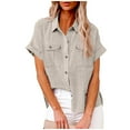 thumbnail image 1 of Alkepwun Cotton Linen Shirts for Women Button Down Shirts Business Dressy Casual Tops Short Sleeve Summer Blouses with 2 Pockets, 1 of 7