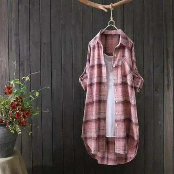 Alkepwun Cotton Linen Shirts for Women Casual Lapel Roll Up Long Sleeve Check Blouse Tops Mid Long Plaid Shirts with Pockets