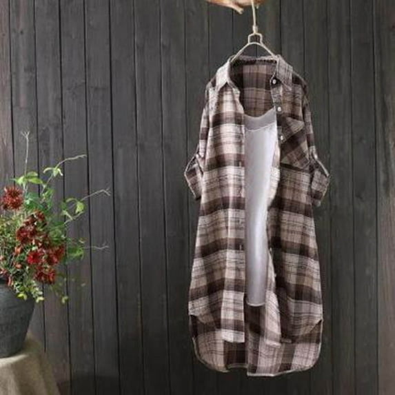 Alkepwun Cotton Linen Shirts for Women Casual Lapel Roll Up Long Sleeve Check Blouse Tops Mid Long Plaid Shirts with Pockets