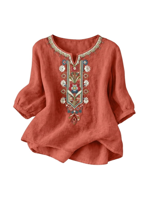 Cotton Linen Tops for Women 3/4 Sleeve Boho Vintage Floral Embroidered Gauze Tops Summer Casual Vacation V Neck Mexican Blouse