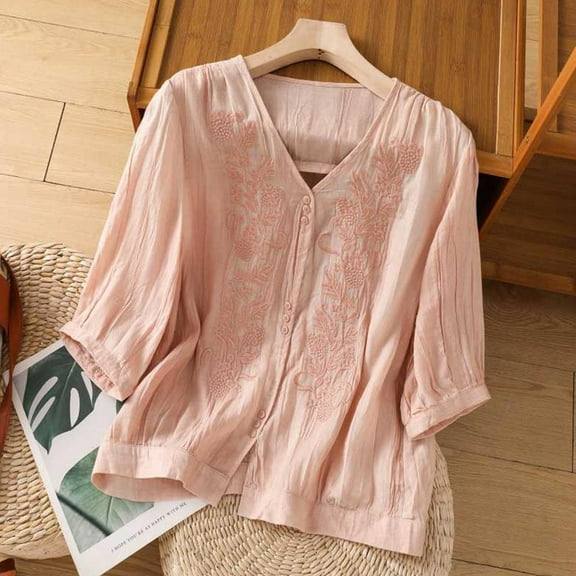 Alkepwun Cotton Linen Tops for Women Summer Embroidered Retro 3/4 Lantern Sleeve Tops Loose Fit V Neck Tunic Blouse Lightweight Button Down Cardigan