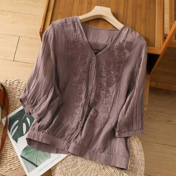 Alkepwun Cotton Linen Tops for Women Summer Embroidered Retro 3/4 Lantern Sleeve Tops Loose Fit V Neck Tunic Blouse Lightweight Button Down Cardigan