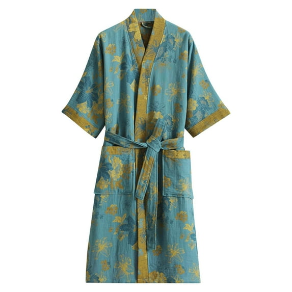 Alkepwun Cotton Pajamas Gauze Mid-length Printed Tie Belt Nightdress Loose Comfortable Pajamas Sauna Suit Bathrobe Home Clothing Japanese Style Kimono Robe Pajamas