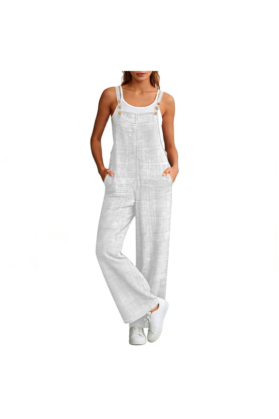Coveralls for Women Solid Sleeveless Adjustable Button Straps Pockets Casual Straight-Leg Jumpsuit Summer Boho Plus Lightweight Breathable Daily Vacation Rompers