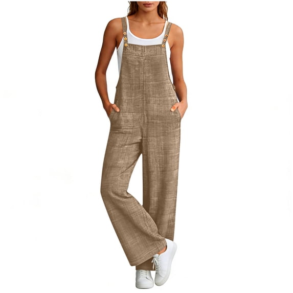 Alkepwun Coveralls for Women Solid Sleeveless Adjustable Button Straps Pockets Casual Straight-Leg Jumpsuit Summer Boho Plus Lightweight Breathable Daily Vacation Rompers
