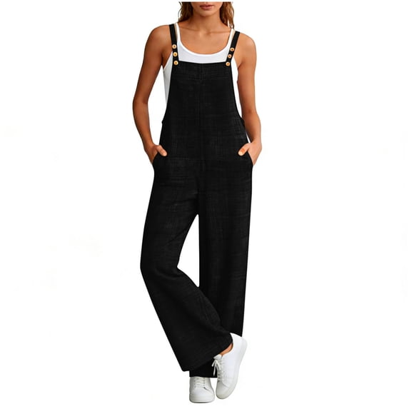 Alkepwun Coveralls for Women Solid Sleeveless Adjustable Button Straps Pockets Casual Straight-Leg Jumpsuit Summer Boho Plus Lightweight Breathable Daily Vacation Rompers