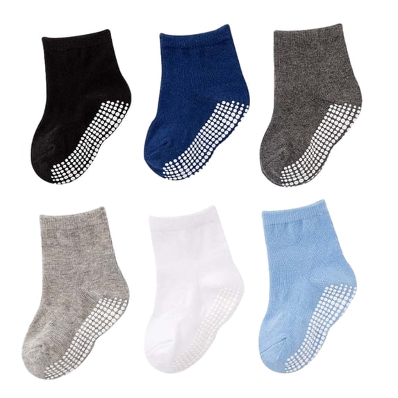 Alkepwun Crew Socks Kids Solid Color Non Slip Toddler Socks 6 Pairs with Grips Anti Cotton Lightweight Breathable Comfortable Walking Practice Socks Athletic Socks 1-7 Years