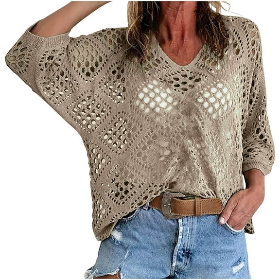 Alkepwun Crochet Sweaters for Women Spring Summer Diamond-shaped Hollow Out V Neck Batwing Sleeve Cute Beach Knit Pullover Tops Cover Up