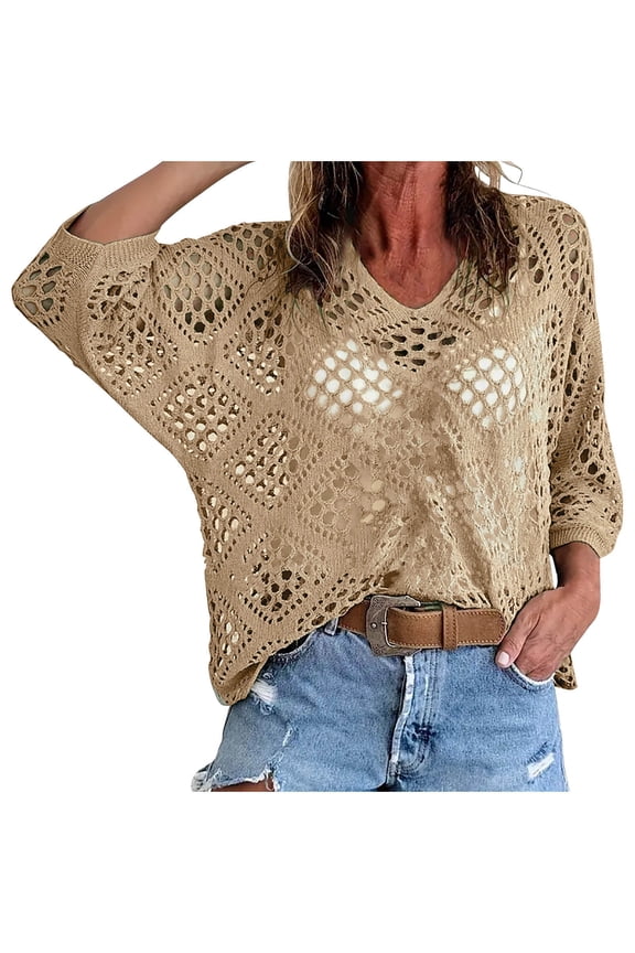 Crochet Sweaters for Women Spring Summer Diamond-shaped Hollow Out V Neck Batwing Sleeve Cute Beach Knit Pullover Tops Cover Up
