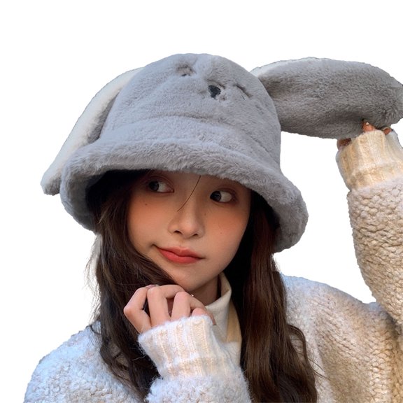 Alkepwun Cute Hats for Women Faux Fur Short Pile Fisherman's Hat Y2K Fuzzy Long Ears Rabbit Embroidery Cap Winter Warm Christmas Ski Slouchy Hat