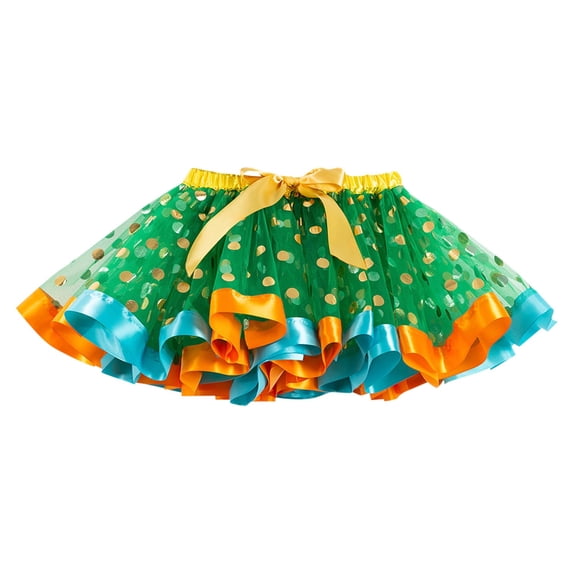 Alkepwun Cute Skirts Girl Layered Tulle Rainbow Tutu Skirt with Floral Polka Dot Prin Comfort Breathable Elastic High-Waist Bow Performance Mini Skirt with Lining (3-8 Years)