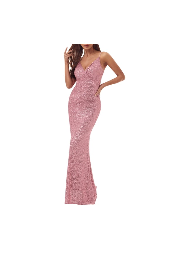 Deep V Neck Dress Spaghetti Straps Sequin Sparkly Fishtail Hem Prom Dress Long Maxi Slim-Fit Evening Gowns