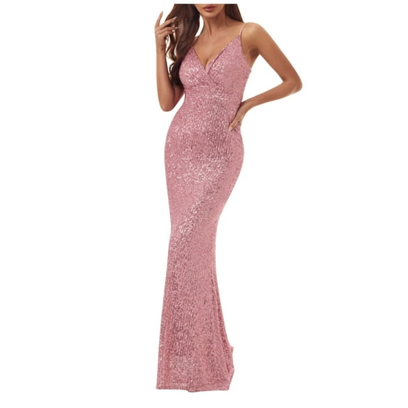 Alkepwun Deep V Neck Dress Spaghetti Straps Sequin Sparkly Fishtail Hem Prom Dress Long Maxi Slim-Fit Evening Gowns