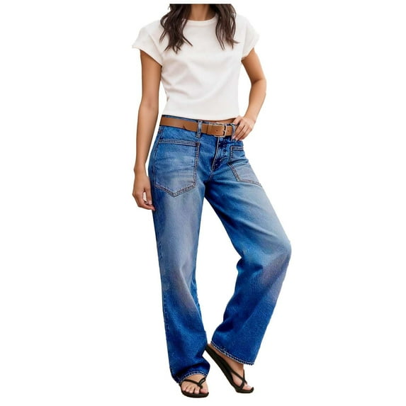 Alkepwun Denim Pants for Women Solid Color Relaxed Wide-Leg Stretchy Patch Pockets Jeans High Waist Vintage Fit Soft Comfortable Straight Leg Trousers