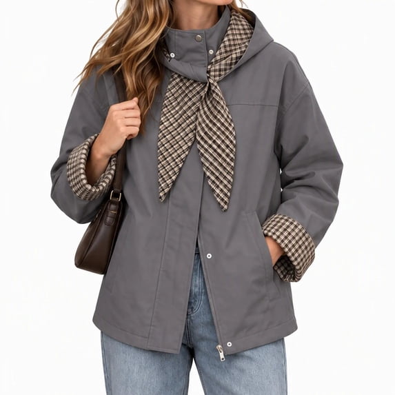 Alkepwun Detachable Hooded Jackets for Women Plaid Lining Inside Hood and Cuffs Zip Up Snap Button Loose Fit Casual Jacket with Pockets for Daily Wear Outdoor Activities