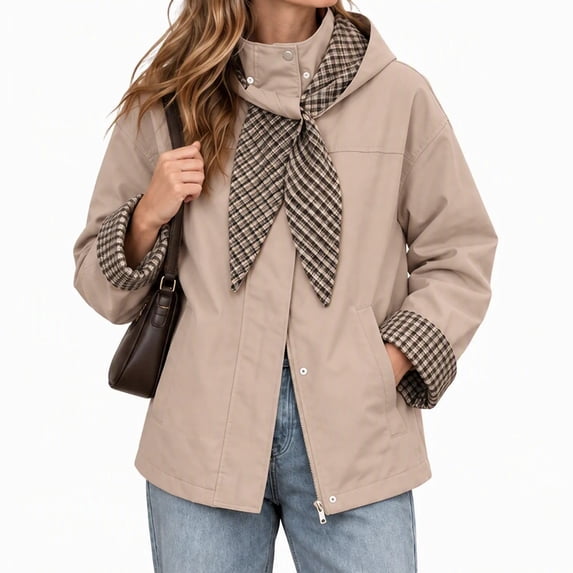 Alkepwun Detachable Hooded Jackets for Women Plaid Lining Inside Hood and Cuffs Zip Up Snap Button Loose Fit Casual Jacket with Pockets for Daily Wear Outdoor Activities