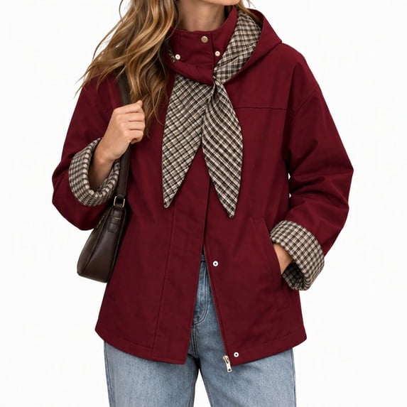 Alkepwun Detachable Hooded Jackets for Women Plaid Lining Inside Hood and Cuffs Zip Up Snap Button Loose Fit Casual Jacket with Pockets for Daily Wear Outdoor Activities