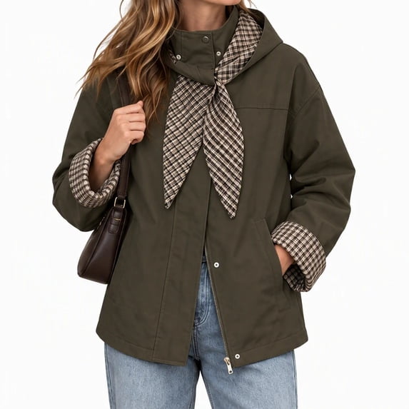 Alkepwun Detachable Hooded Jackets for Women Plaid Lining Inside Hood and Cuffs Zip Up Snap Button Loose Fit Casual Jacket with Pockets for Daily Wear Outdoor Activities