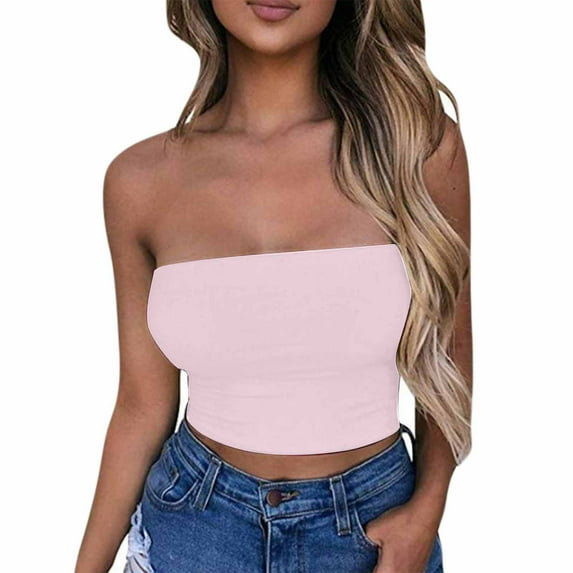 Alkepwun Double Lined Tube Tops for Women Solid Color Going Out Crop Sleeveless Tank Bandeau Strapless Casual Shirts
