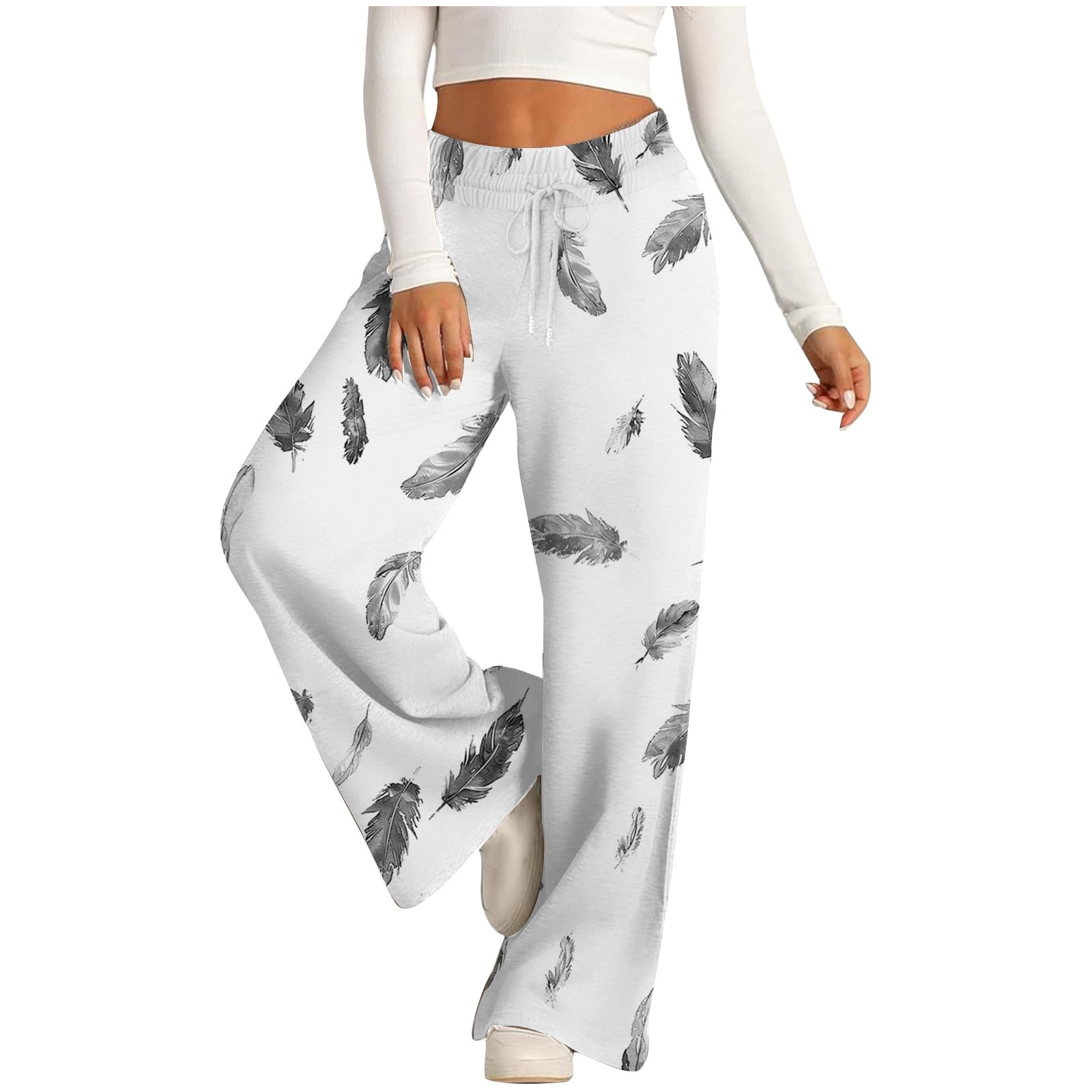 Alkepwun Drawstring Sweatpants Women Feather Printed Wide Leg Yoga