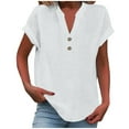 thumbnail image 1 of Alkepwun Dress Shirts for Women Solid-Color V-Neck Button-Down Short-Sleeve Cotton-Linen Blouse Summer Casual Loose Lightweight Breathable Tops with Rolled Sleeves, 1 of 5