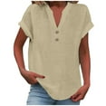 thumbnail image 1 of Alkepwun Dress Shirts for Women Solid-Color V-Neck Button-Down Short-Sleeve Cotton-Linen Blouse Summer Casual Loose Lightweight Breathable Tops with Rolled Sleeves, 1 of 6