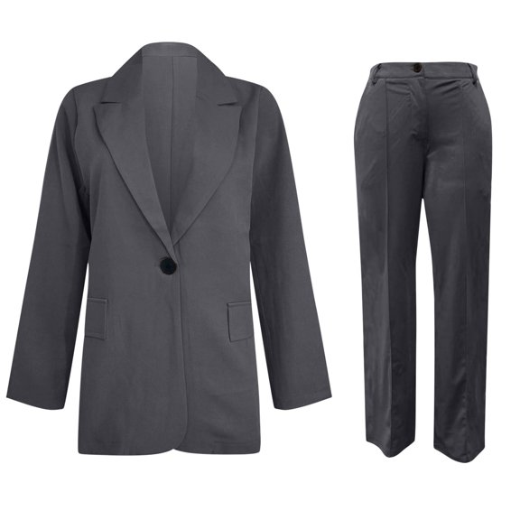 Alkepwun Dress Suits for Women Long Sleeve Classic Lapel Single Button Pocket Blazer with Straight Leg Zipper Pants Professional Office Business Casual Formal Two Piece Suit