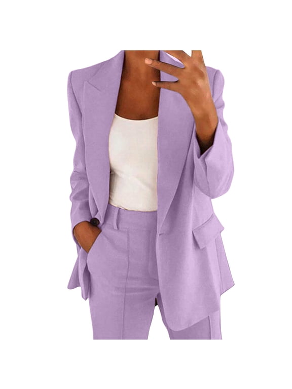 Dress Suits for Women Long Sleeve Classic Lapel Single Button Pocket Blazer with Straight Leg Zipper Pants Professional Office Business Casual Formal Two Piece Suit