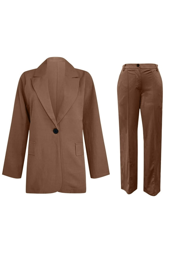 Dress Suits for Women Long Sleeve Classic Lapel Single Button Pocket Blazer with Straight Leg Zipper Pants Professional Office Business Casual Formal Two Piece Suit